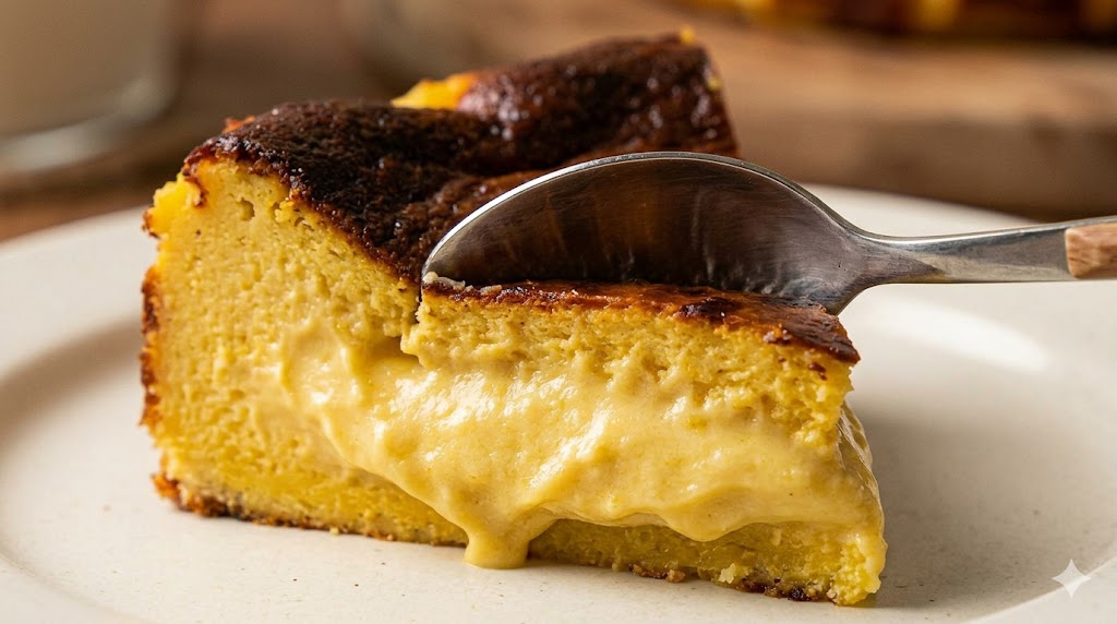 "검게 그을린 바스크 케이크 특유의 표면 아래로 포크가 부드럽게 들어가는 모습을 초근접 촬영했습니다. 케이크의 중심부가 치즈케이크처럼 아주 묵직하고 꾸덕하며 촉촉한 질감을 보여줍니다. 따뜻한 조명이 질감을 강조합니다."
