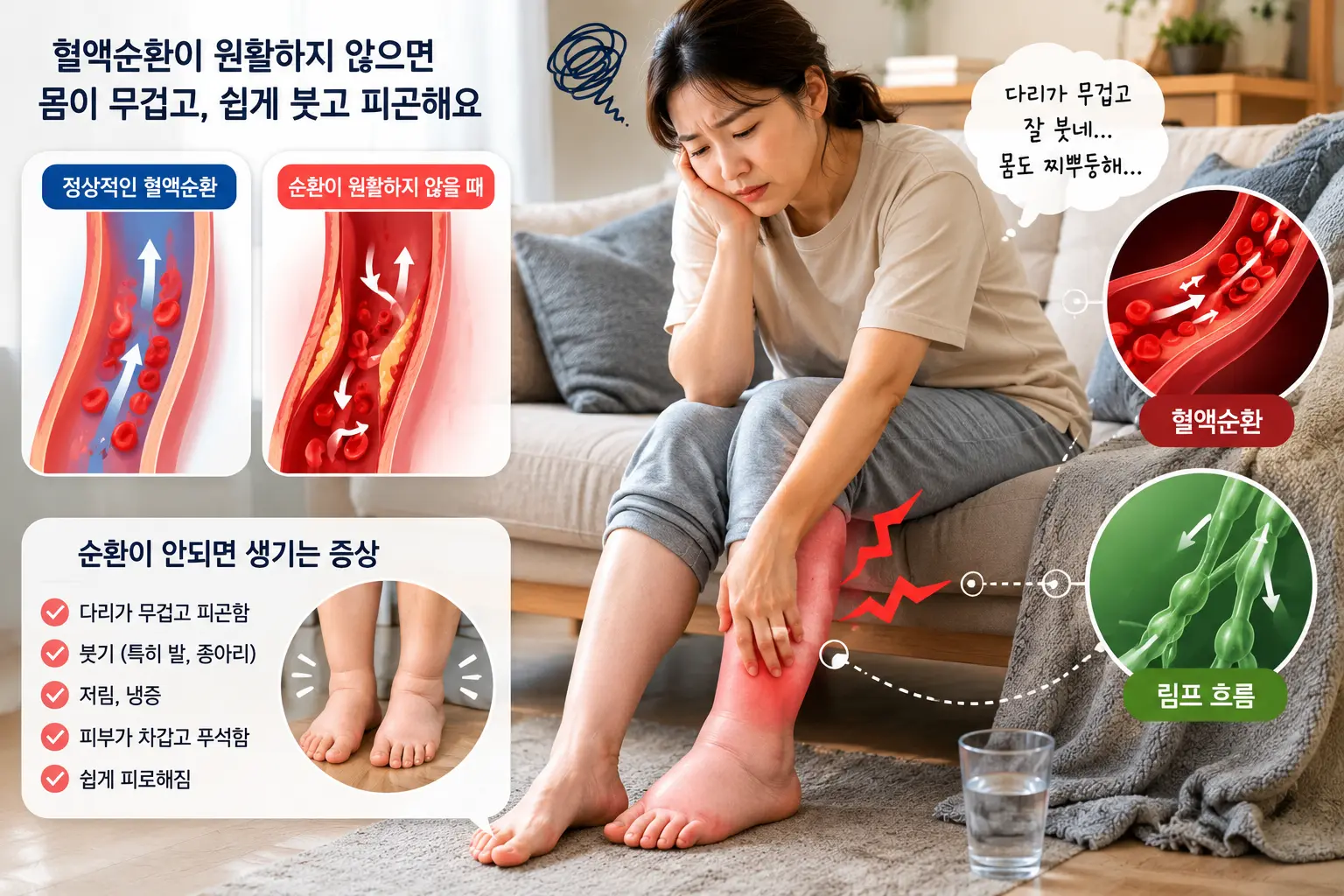 움직임 부족으로 인한 혈액순환 저하와 다리 부종 관련 이미지