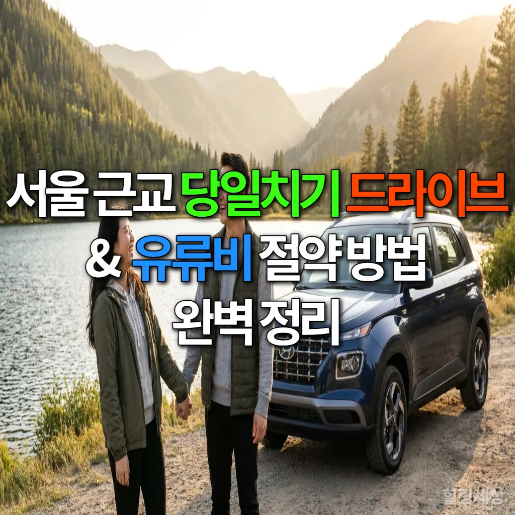 아름다운 호수와 산을 배경으로 활짝 웃으며 손잡고 있는 젊은 한국인 커플의 모습