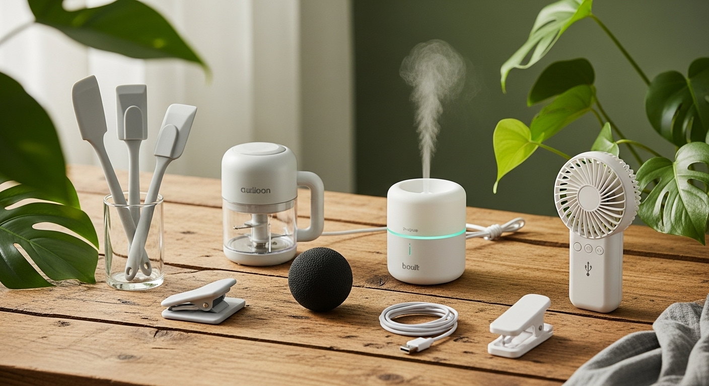 2025년 삶의 질을 높이는 만원 이하 가성비 꿀템들을 모아 놓은 모습. 실리콘 조리도구, 미니 푸드 프로세서, 아로마 디퓨저, 마사지볼, 케이블 정리 클립, 미니 선풍기가 깔끔하게 배열되어 있다.