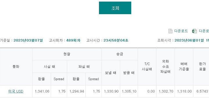환율 조회 결과 보임