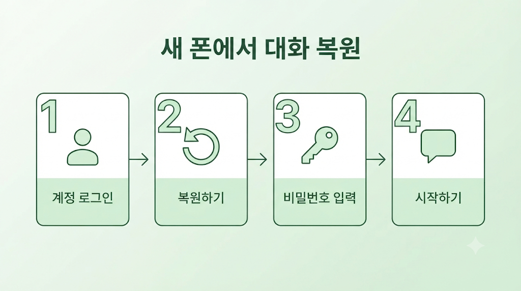 새 폰에서 카카오톡 대화 복원 4단계: 계정 로그인, 복원하기, 비밀번호 입력, 시작하기