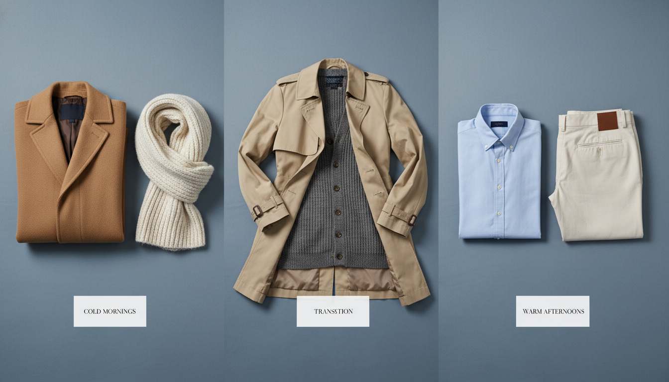 기온별 옷차림 가이드 이미지, 추운 아침을 위한 코트부터 따뜻한 낮을 위한 가디건까지 환절기 패션 아이템이 블루 그레이 배경에 정갈하게 배치되어 있다.