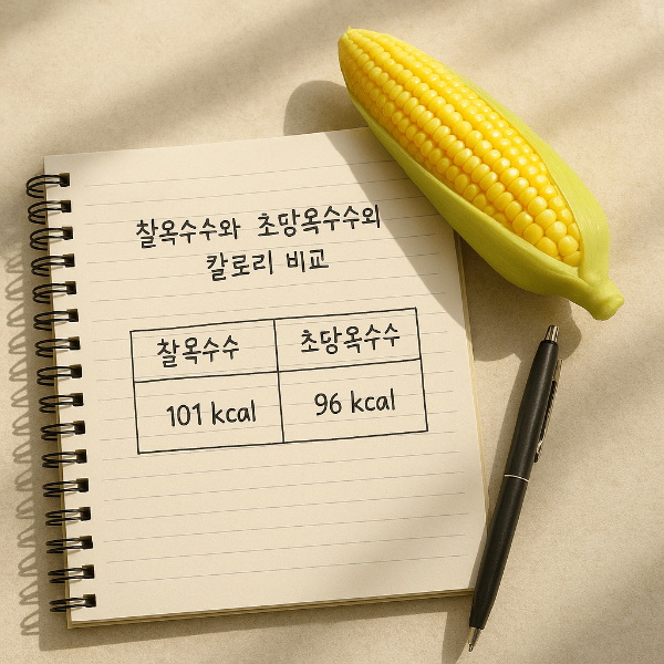 찰옥수수와 초당옥수수의 칼로리를 비교해놓은 노트 메모