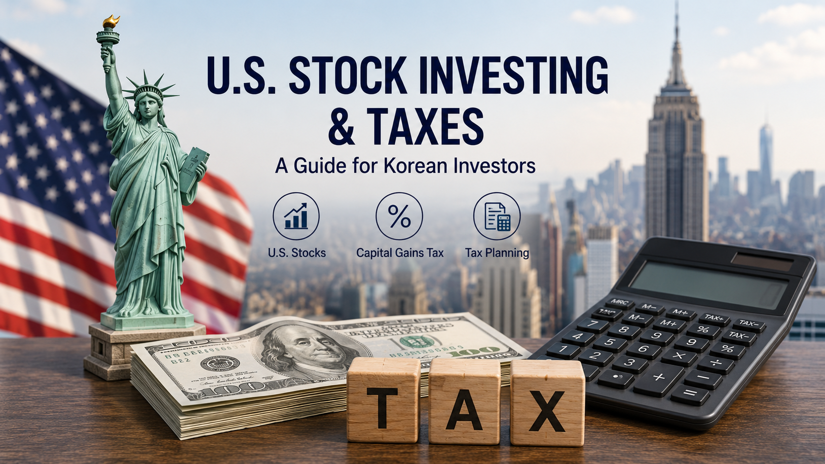 U.S. stock investing and capital gains tax concept with Statue of Liberty, dollar bills, calculator, and financial planning elements.