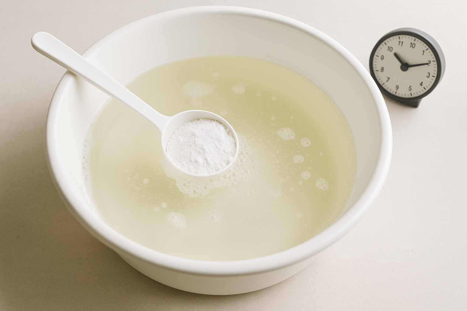 따뜻한 물이 담긴 흰 대야에 산소계 표백 가루를 넣는 장면과 10분 타이머