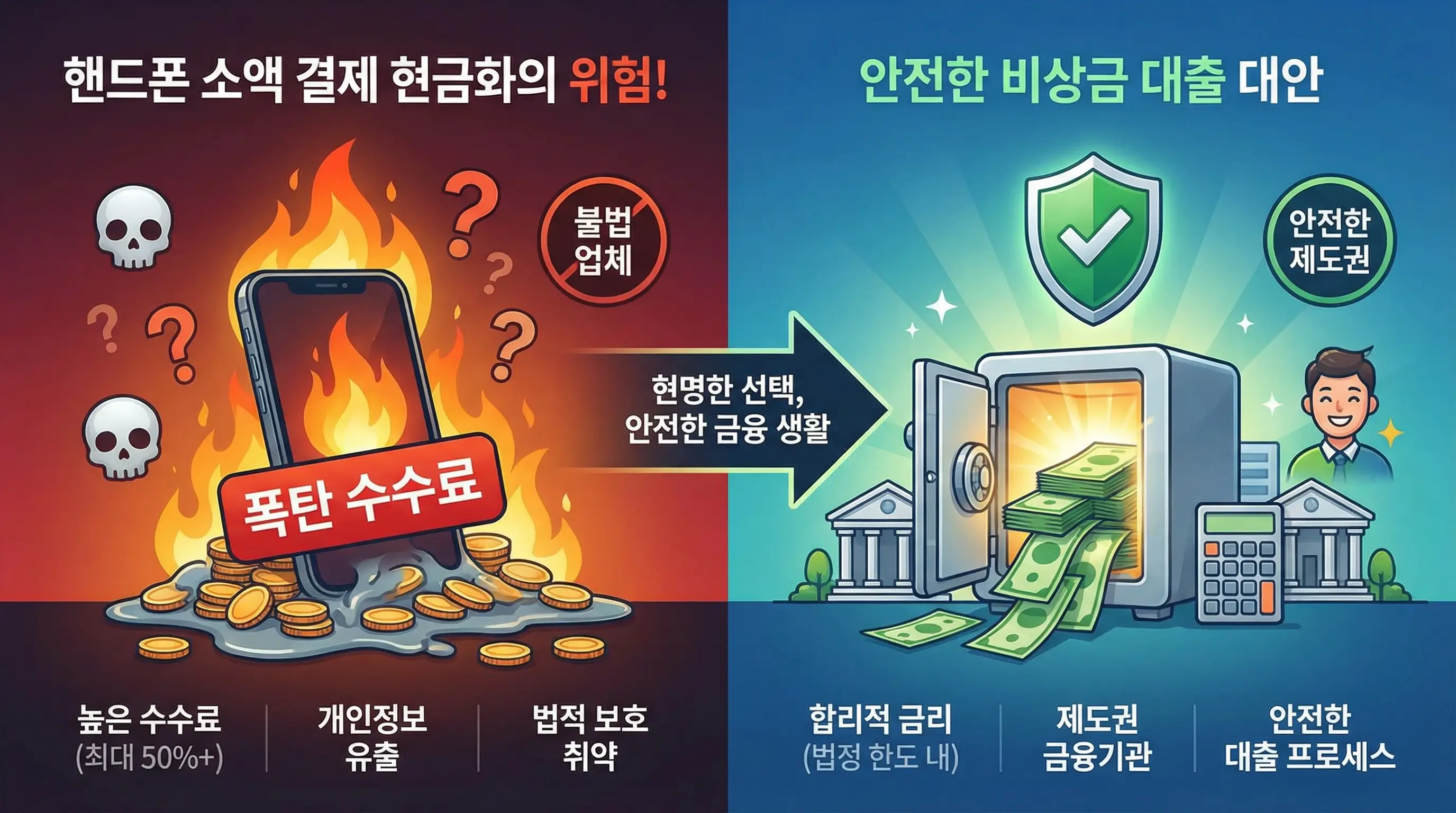 핸드폰 소액 결제 현금화의 높은 수수료 문제를 지적하고 안전한 비상금 대출을 대안으로 제시하는 인포그래픽
