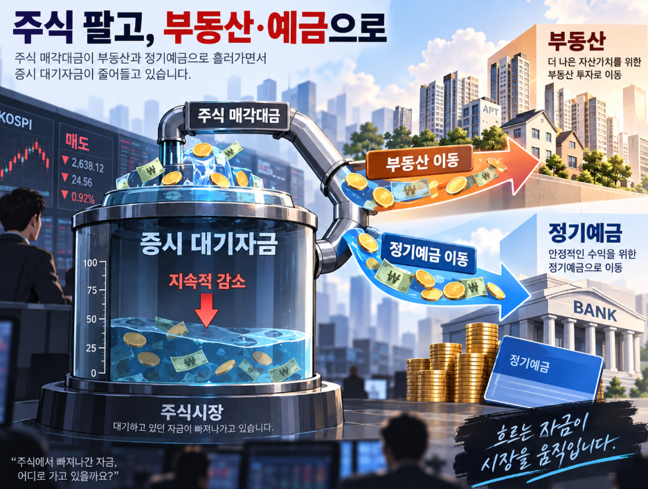 주식 매각대금이 부동산과 정기예금으로 갈라져 흘러가며 증시 대기자금이 줄어드는 흐름을 표현한 일러스트