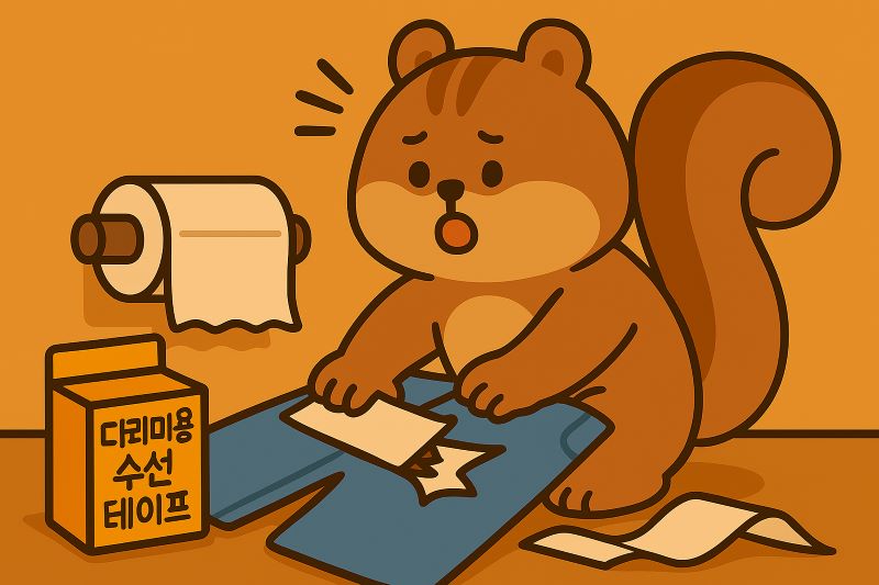 "귀여운 다람쥐 캐릭터가 다림질용 옷 수선 테이프로 찢어진 바지를 고치며 놀라는 표정을 짓는 모습"