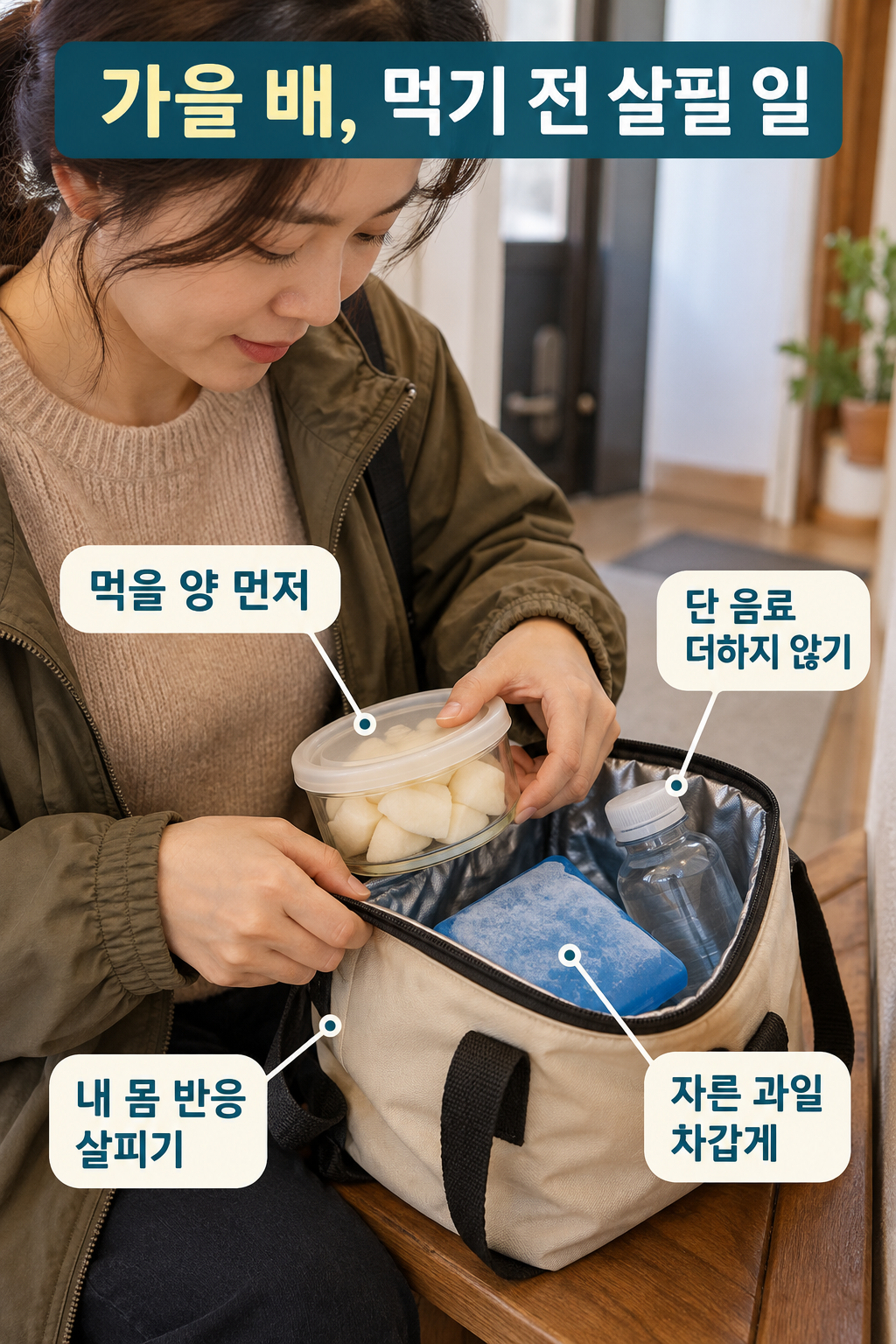 보냉가방에 배 간식과 냉매&middot;물을 챙기는 별도의 생활 장면