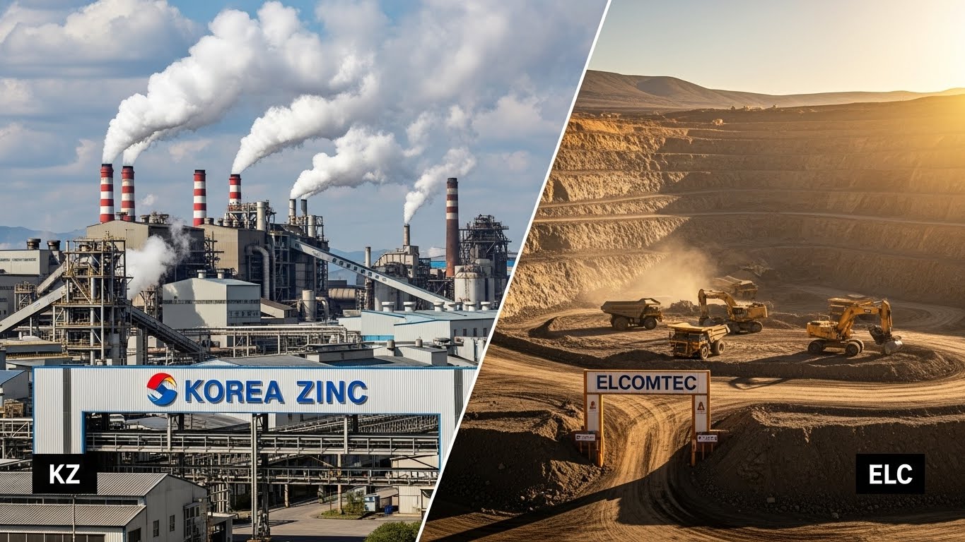 A split image Left side showing a factory (Korea Zinc), Right side showing a gold mine (Elcomtec), with stock ticker symbols.