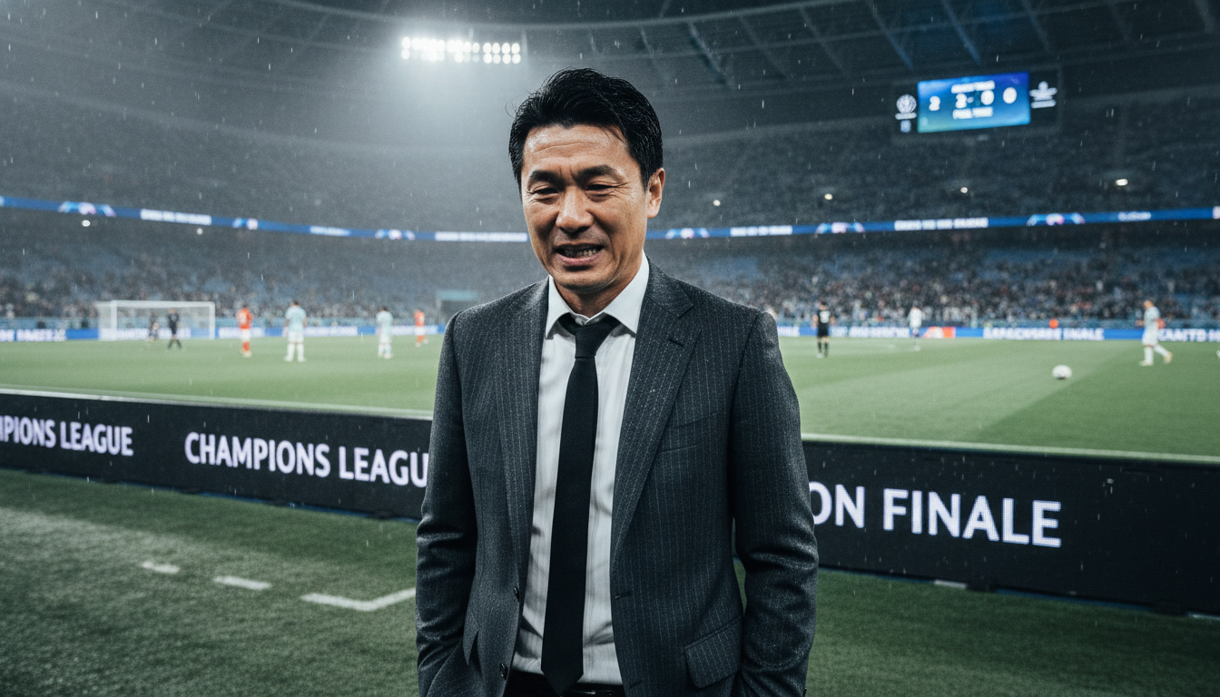 비 오는 경기장에서 굳은 표정으로 그라운드를 응시하며 좌절하는 국가대표팀 감독의 모습