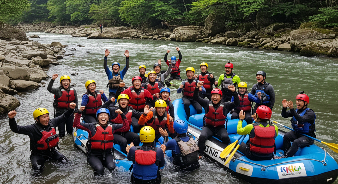 영월 동강 래프팅을 마친 한국인 참가자들이 환호하는 모습