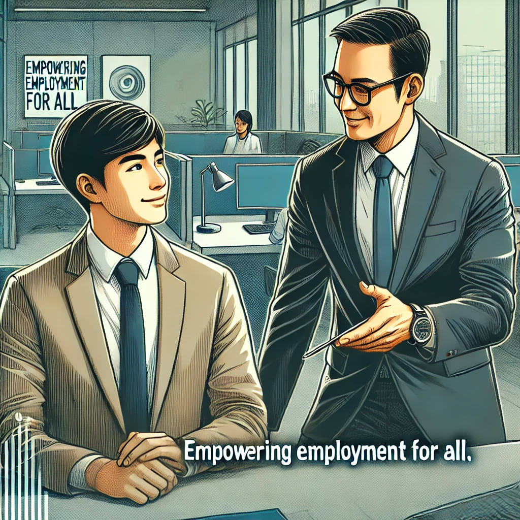 사무실에서 직무 멘토링을 받는 남성, 멘토가 직무를 설명하며 친절한 분위기를 연출하는 모습