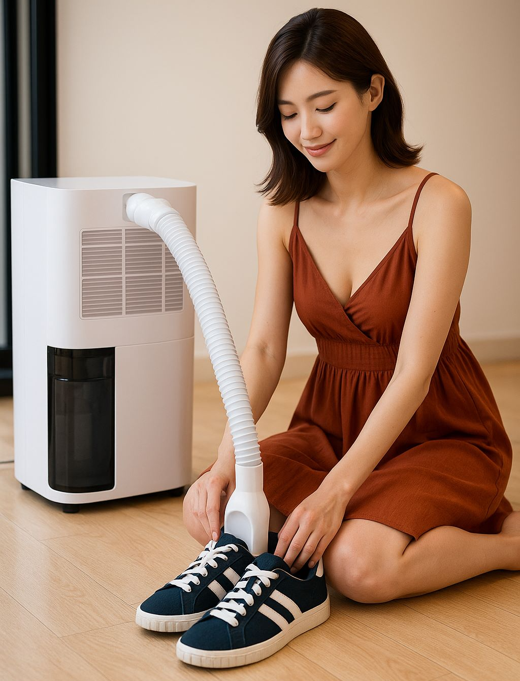 제습기 호스를 운동화에 연결해 신발을 말리고 있는 원피스 차림의 젊은 여성 모습, 실내 밝은 공간에서 촬영