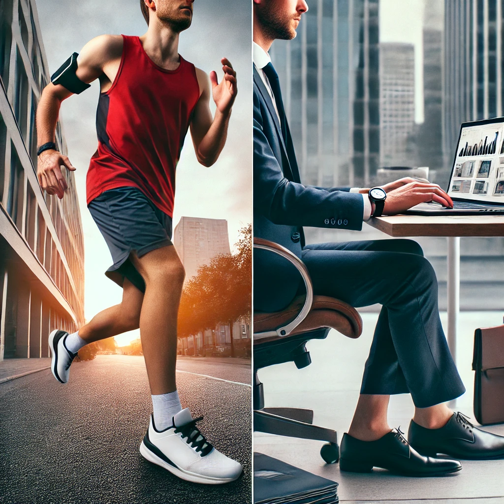 달리는 남성과 사무실에서 일하는 남자 사진