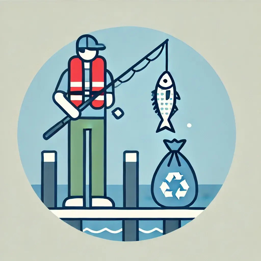 안전 장비를 착용하고 청결한 환경에서 낚시하는 장면.