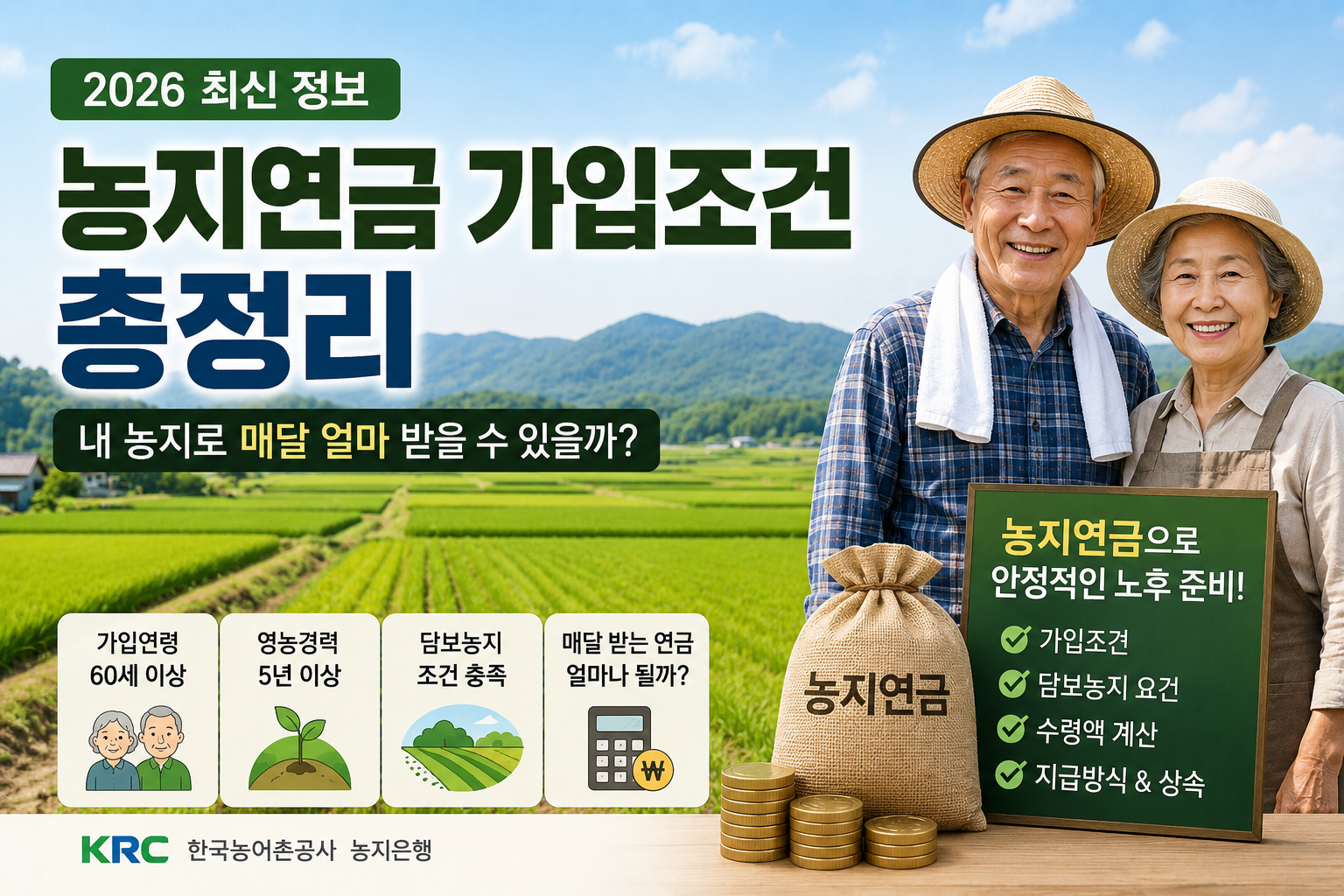 2026 농지연금 가입조건 만 60세 영농경력 5년 담보농지 요건 총정리 인포그래픽