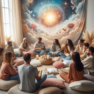 우주와 별들이 보이는 벽을 배경으로 명상하는 사람들의 장면