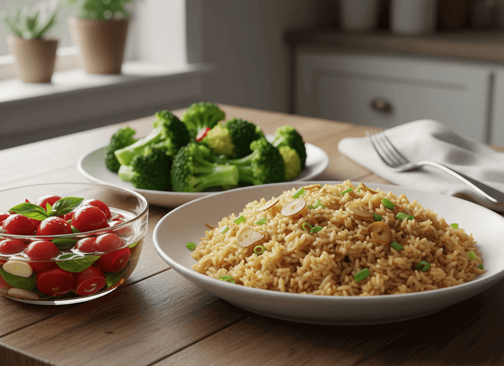 토마토, 마늘밥, 브로컬리, 포크, 식탁