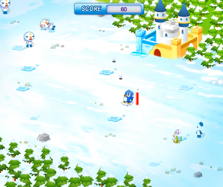 눈-몬스터의-침입-플래시게임-플레이-펭귄으로-적에게-눈덩이를-던지는-화면