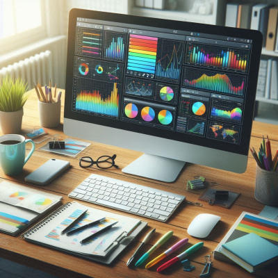 차트와 그래프가 포함된 다양한 분석 자료가 있는 책상