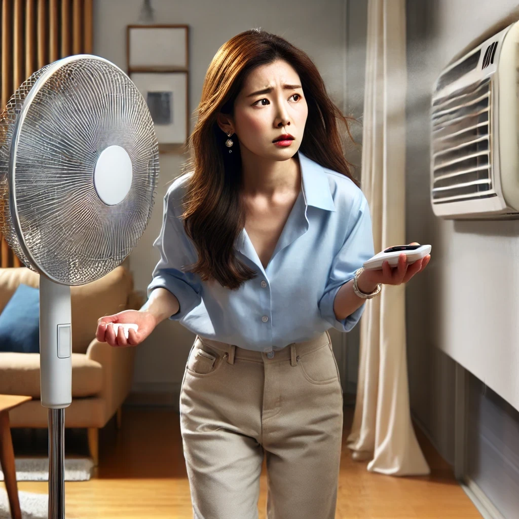 실내에서 에어컨과 선풍기를 사용하고 있는 여성