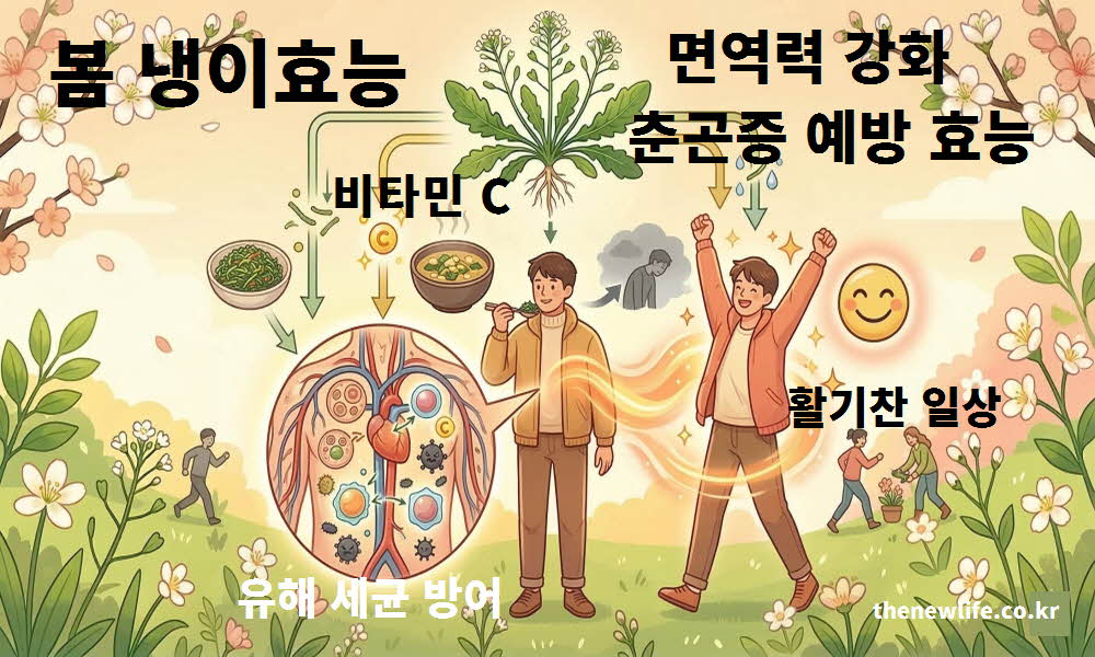 봄 냉이 효능이 면역력 강화와 춘곤증 예방에 미치는 영향을 요약한 이미지