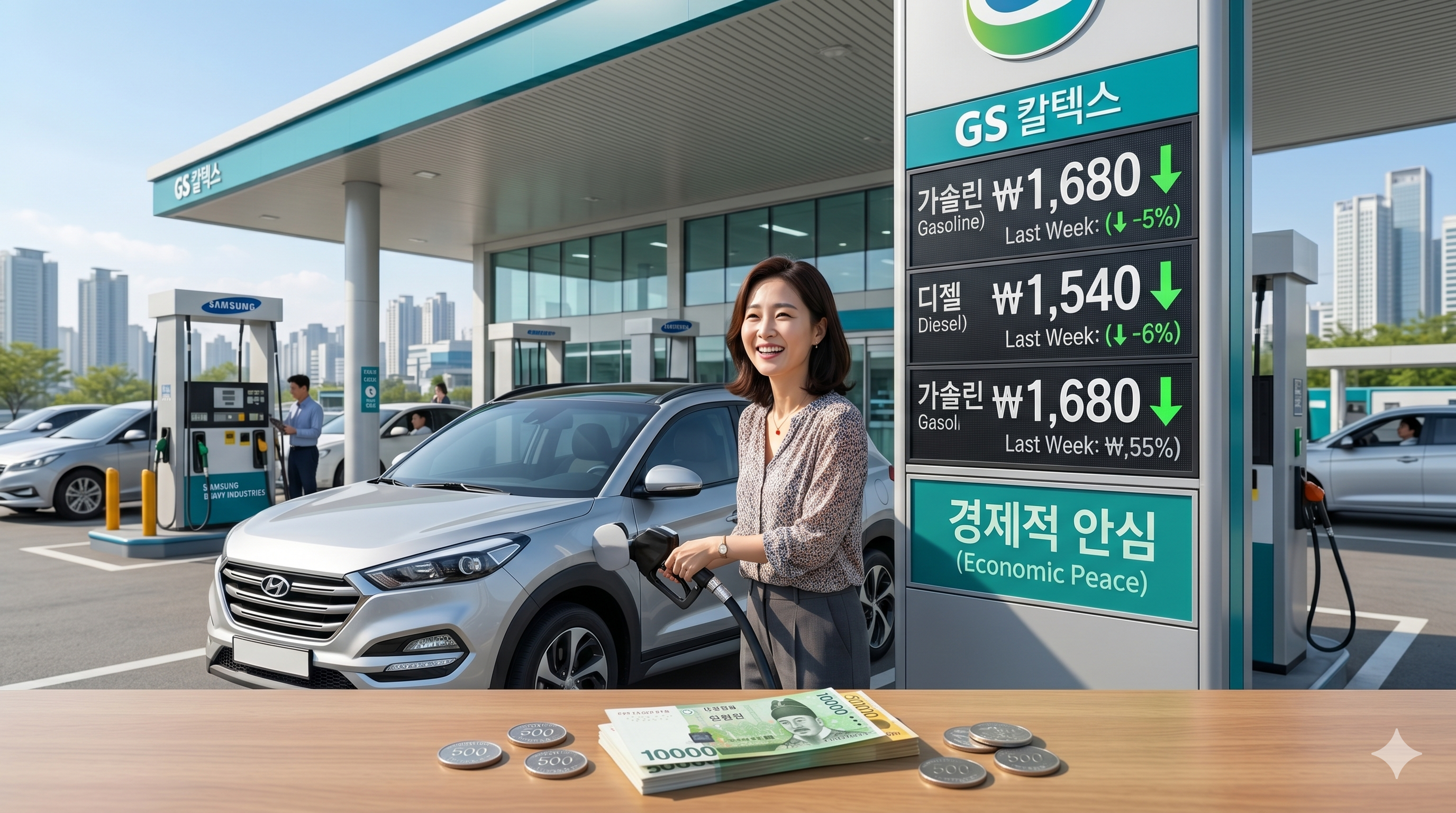 호르무즈 해협 개방 소식 이후 주유소 디지털 가격 판독기의 휘발유와 경유 가격 수치가 안정화 방향으로 하락 조정을 보이고 있는 가로형 실생활 사진