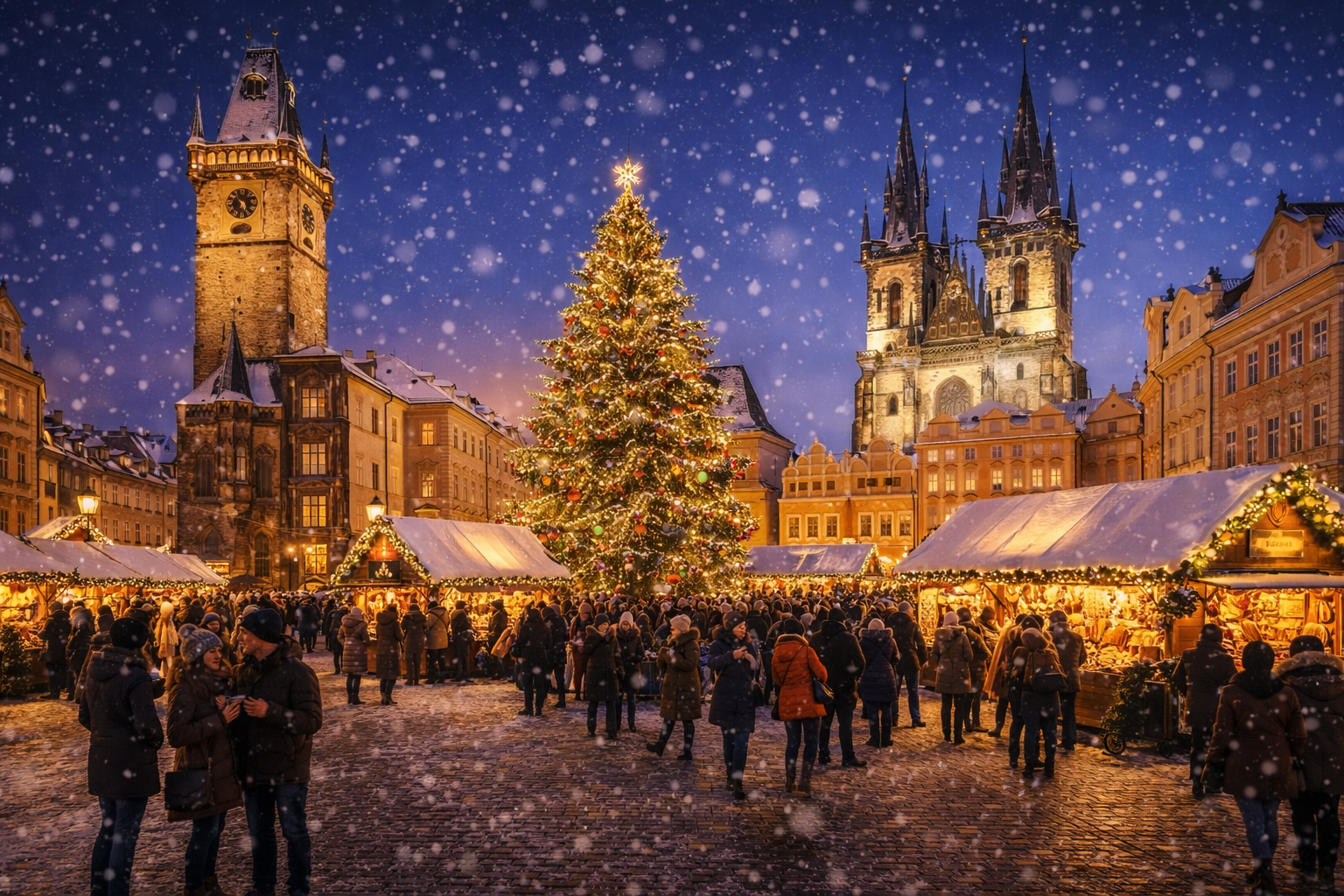 체코 프라하 겨울 축제 기간에 구시가지 광장에서 크리스마스 트리와 전통 마켓이 고풍스러운 건축물 사이로 펼쳐진 겨울 저녁 풍경