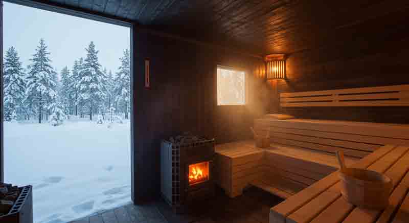 핀란드 전통 사우나 내부 전경