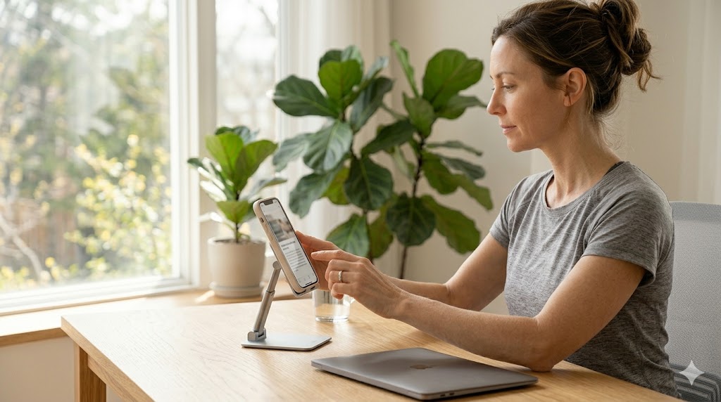 "깔끔한 책상 위에 스마트폰 거치대가 놓여 있고, 그 위에 스마트폰이 세로로 거치되어 눈높이에 맞춰진 모습. 거북목 방지를 위한 최적의 작업 환경을 보여주는 실사 사진."