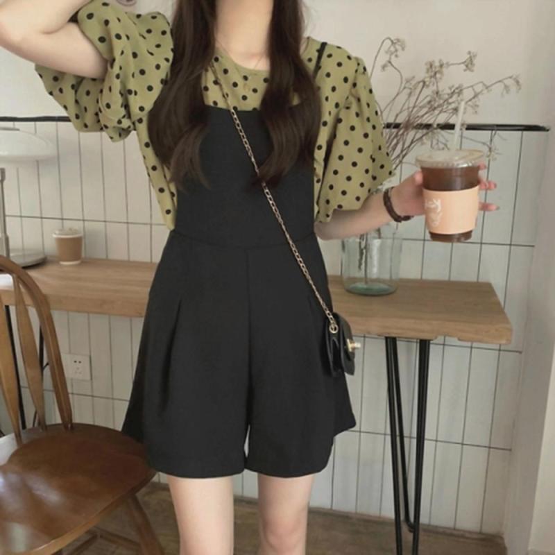 여자 봄 캐주얼 데일리 끈 숏 점프수트