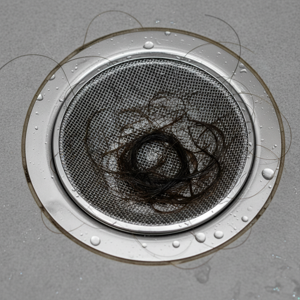 샤워실 배수구에 설치된 머리카락 수거망 필터 클로즈업
