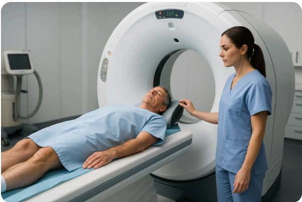 병원 CT 촬영실에서 환자가 검사받는 장면