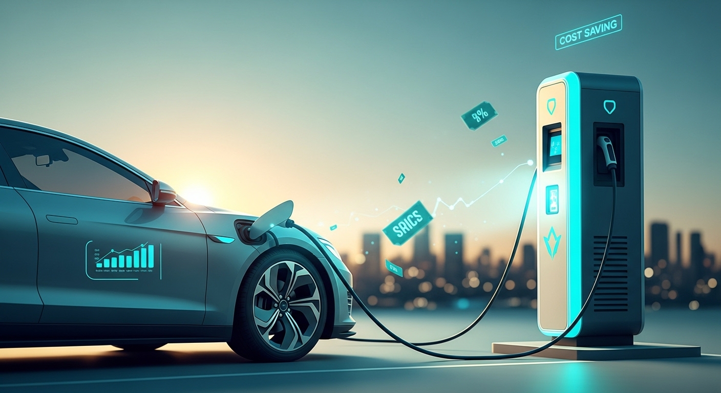 2025년 11월 30일부터 인하된 전기차 충전 요금으로 저렴하게 충전하는 미래형 전기차의 모습. 새로운 정책의 시작을 알리는 듯한 밝고 긍정적인 분위기.