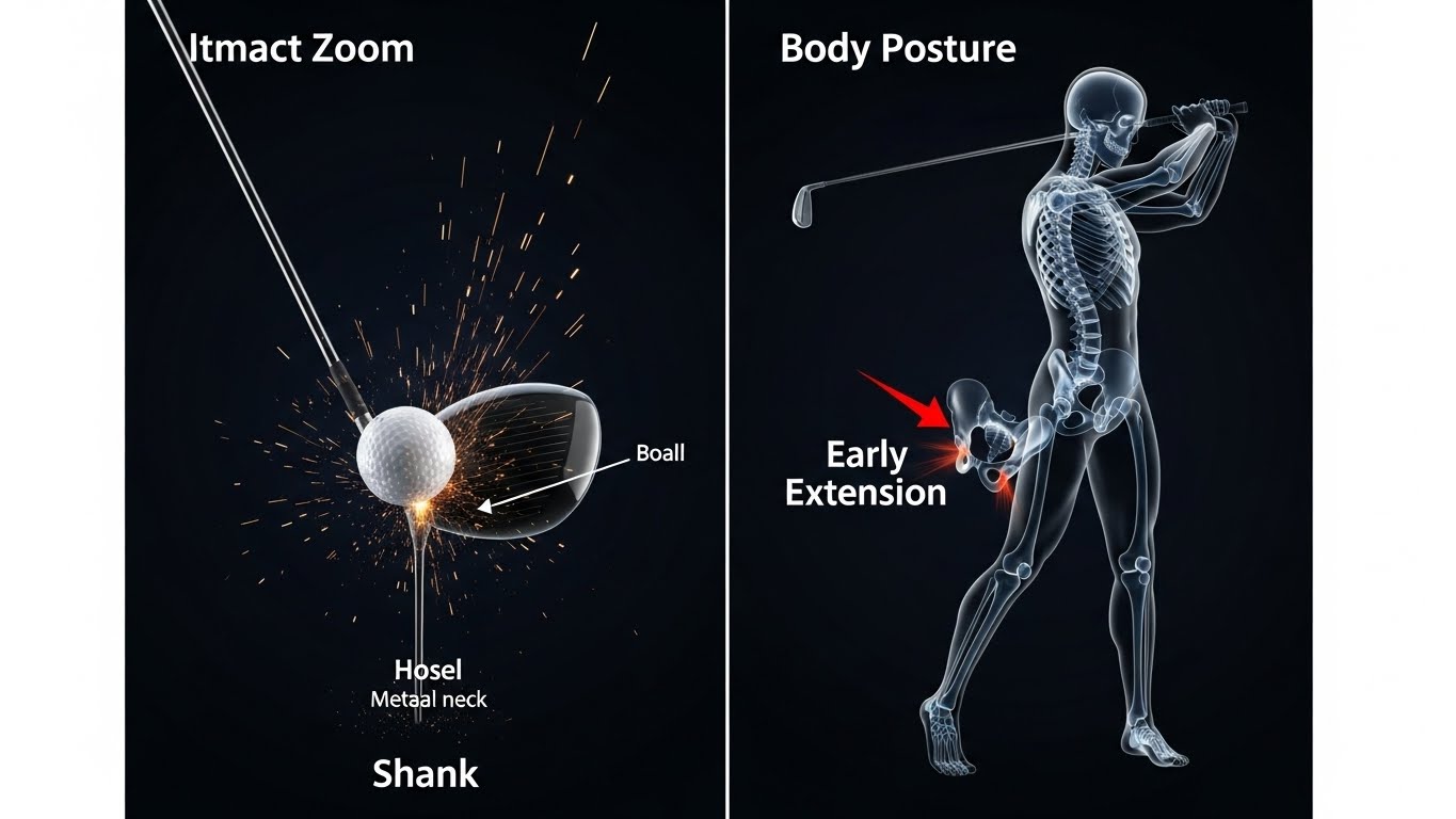 골프 생크 원인 호젤 임팩트와 배치기 얼리 익스텐션 자세 교정 분석