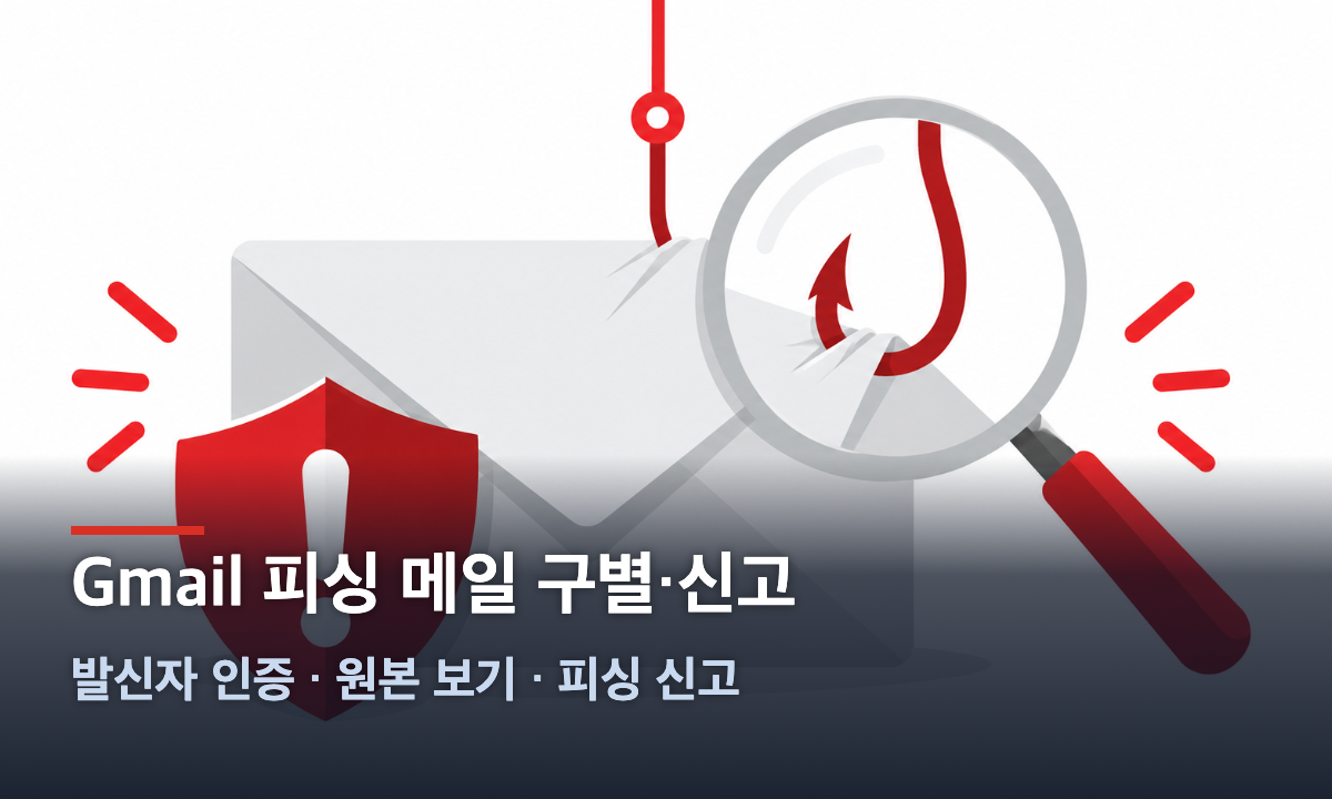 피싱 낚싯바늘이 걸린 이메일 봉투를 방패와 돋보기로 점검하는 일러스트