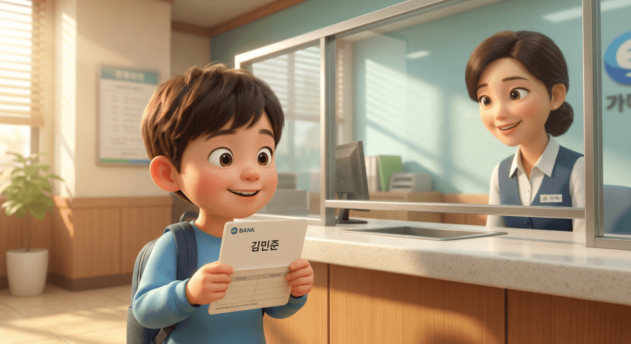 은행 창구에서 자신의 이름이 적힌 통장을 받고 뿌듯해하는 아이의 모습