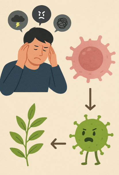 스트레스로 지친 사람과 활발하게 활동하는 면역세포가 그려진 그림