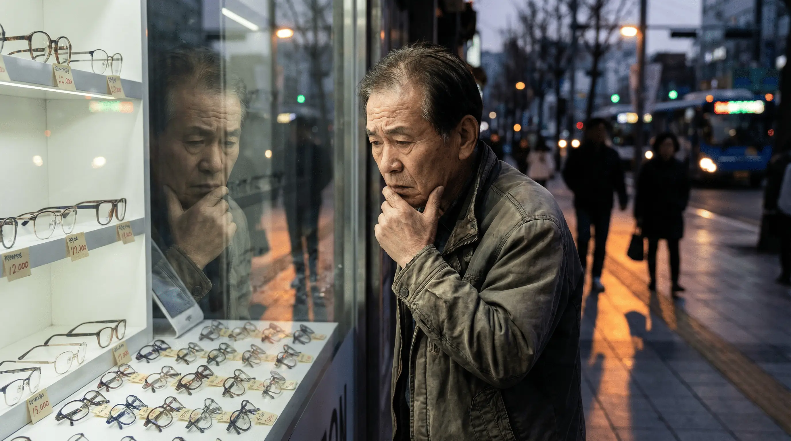 안경점 쇼케이스 앞에서 가격표를 보며 걱정스러운 표정을 짓고 있는 어르신이나 학생의 모습