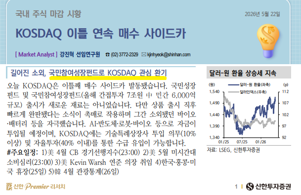 국민참여성장펀드의 출시가 코스닥 투자심리에 영향을 미쳤음을 설명하는 신한투자증권 리서치 보고서