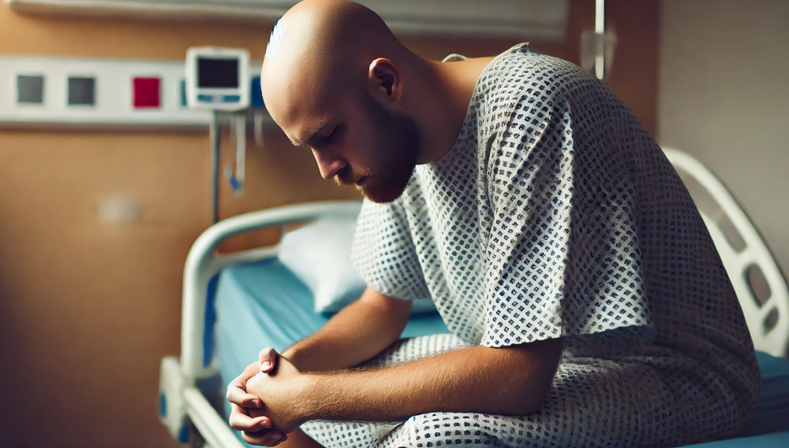 암 치료중인 남자가 병상에 앉아있는 사진
