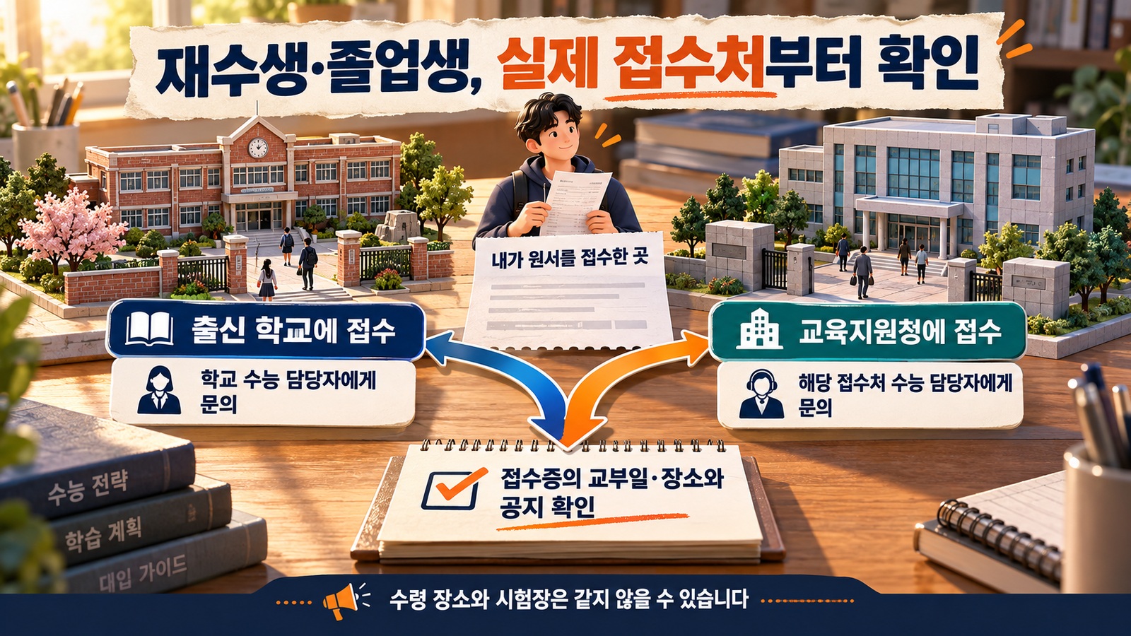 원서를 출신 학교에 접수한 졸업생과 교육지원청에 접수한 졸업생이 각각 해당 수능 담당자에게 문의하고 접수증의 교부 안내를 확인하는 경로 인포그래픽