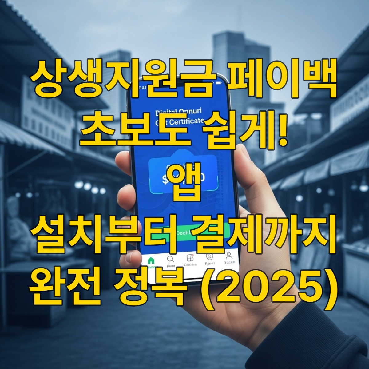 스마트폰으로 디지털 온누리상품권 앱을 확인하며 상생페이백을 사용하는 모습과 전통시장 배경