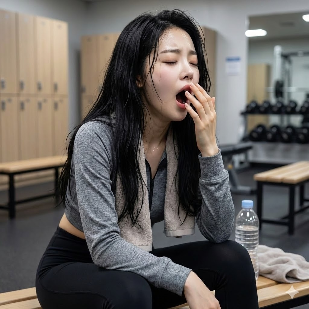 장기간의 다이어트로 피곤해하는 여성의 사진