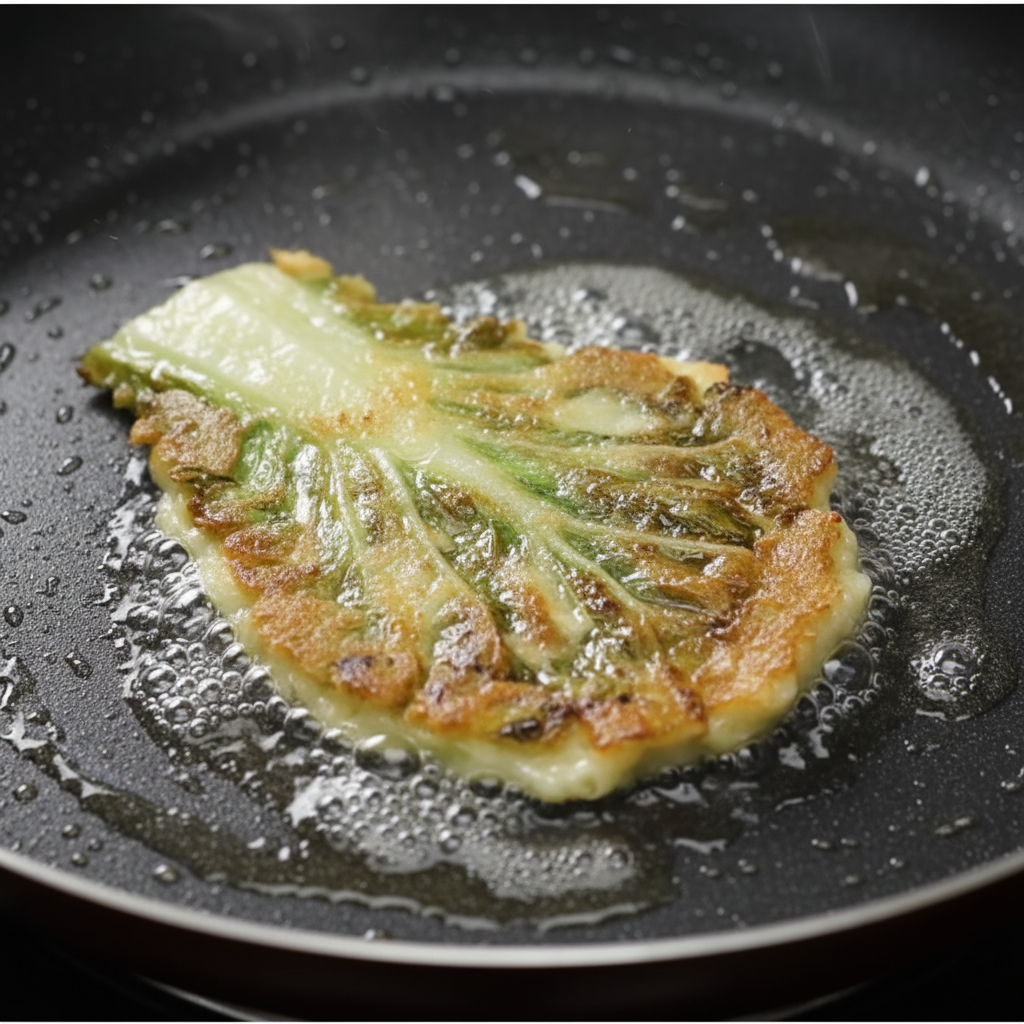 노릇노릇 맛있게 익어가는 팬 위의 봄동전