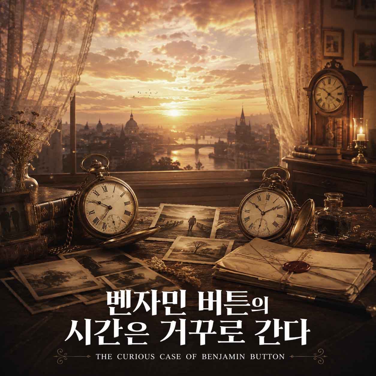 벤자민 버튼의 시간은 거꾸로 간다 영화를 나타내는 이미지, 황금빛 노을이 비치는 도시를 배경으로 창가 테이블 위에 오래된 회중시계와 사진, 편지와 책이 놓여 있는 장면