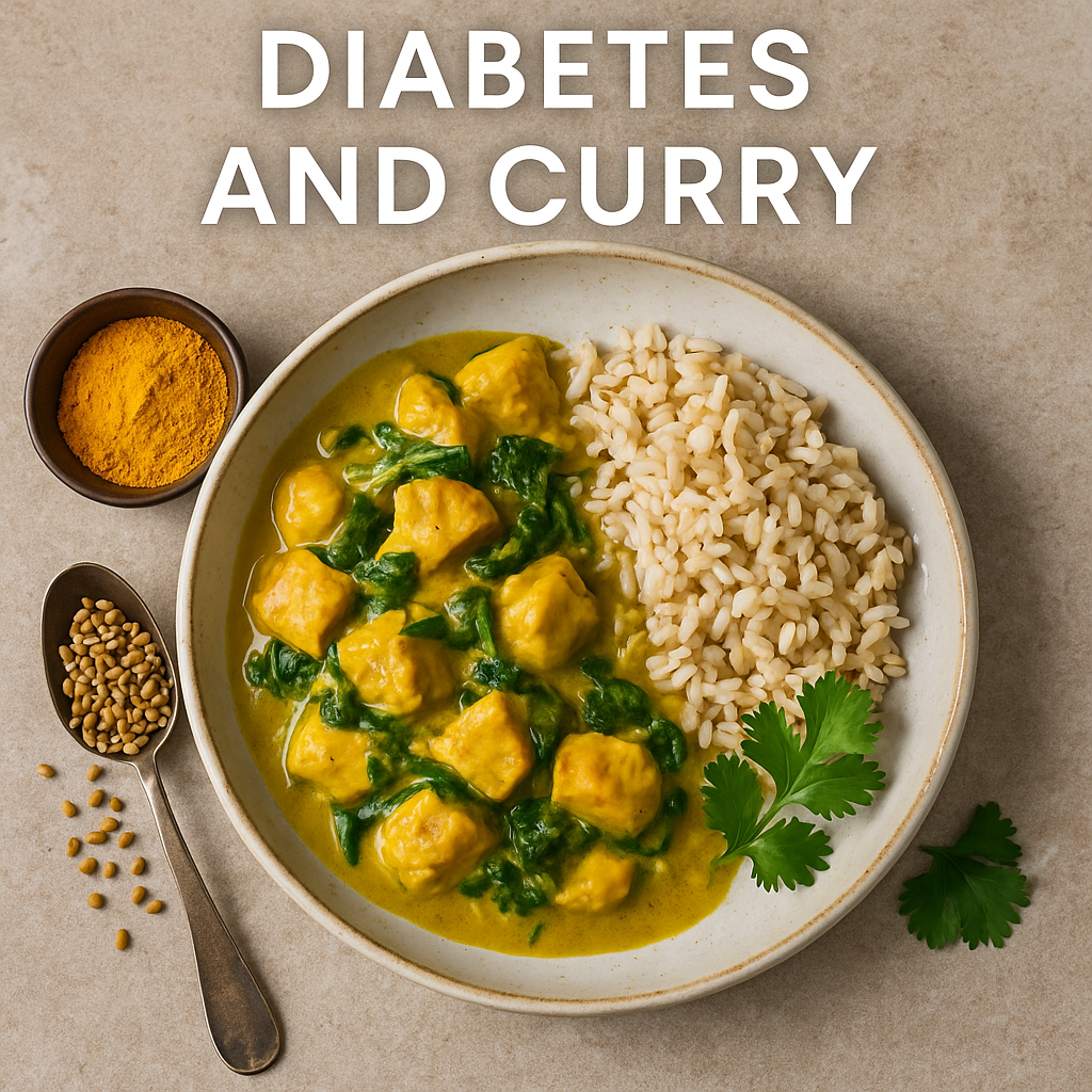 “흰 접시에 담긴 노란빛 강황 치킨카레와 현미밥이 따뜻한 햇살 아래 놓여 있다.
오이샐러드와 레몬 조각이 곁들여져 있으며, 전체적으로 깨끗하고 자연스러운 실사풍의 건강식 한 끼를 표현한다.
당뇨 환자를 위한 저지방·저염 카레 식단의 따뜻하고 균형 잡힌 느낌을 담은 이미지.”