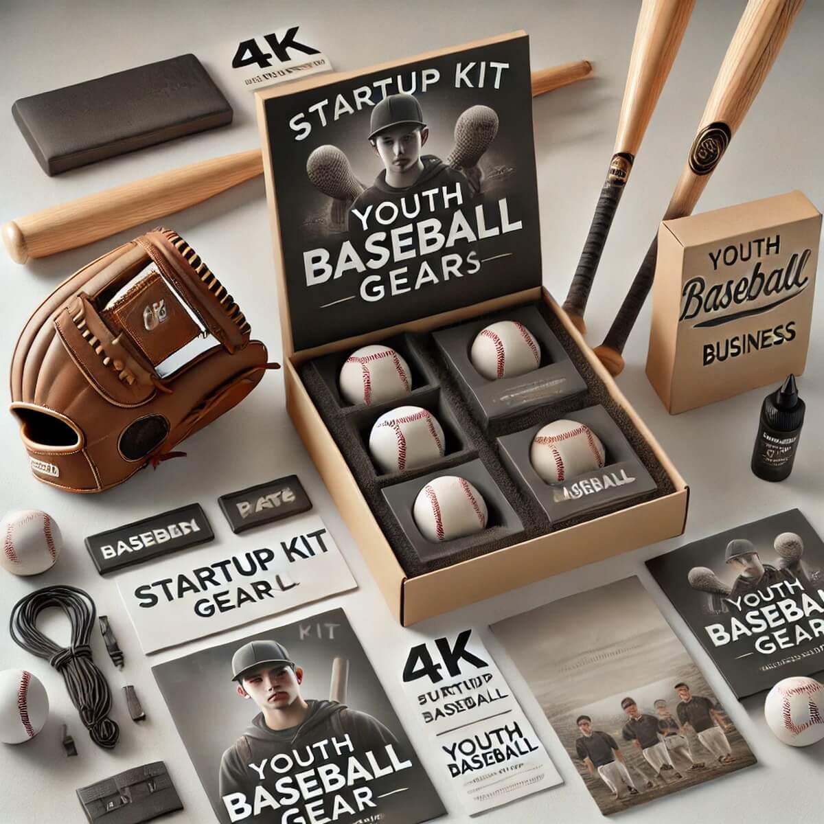 야구장비와 판촉물로 구성된 유통 창업 스타터 키트
